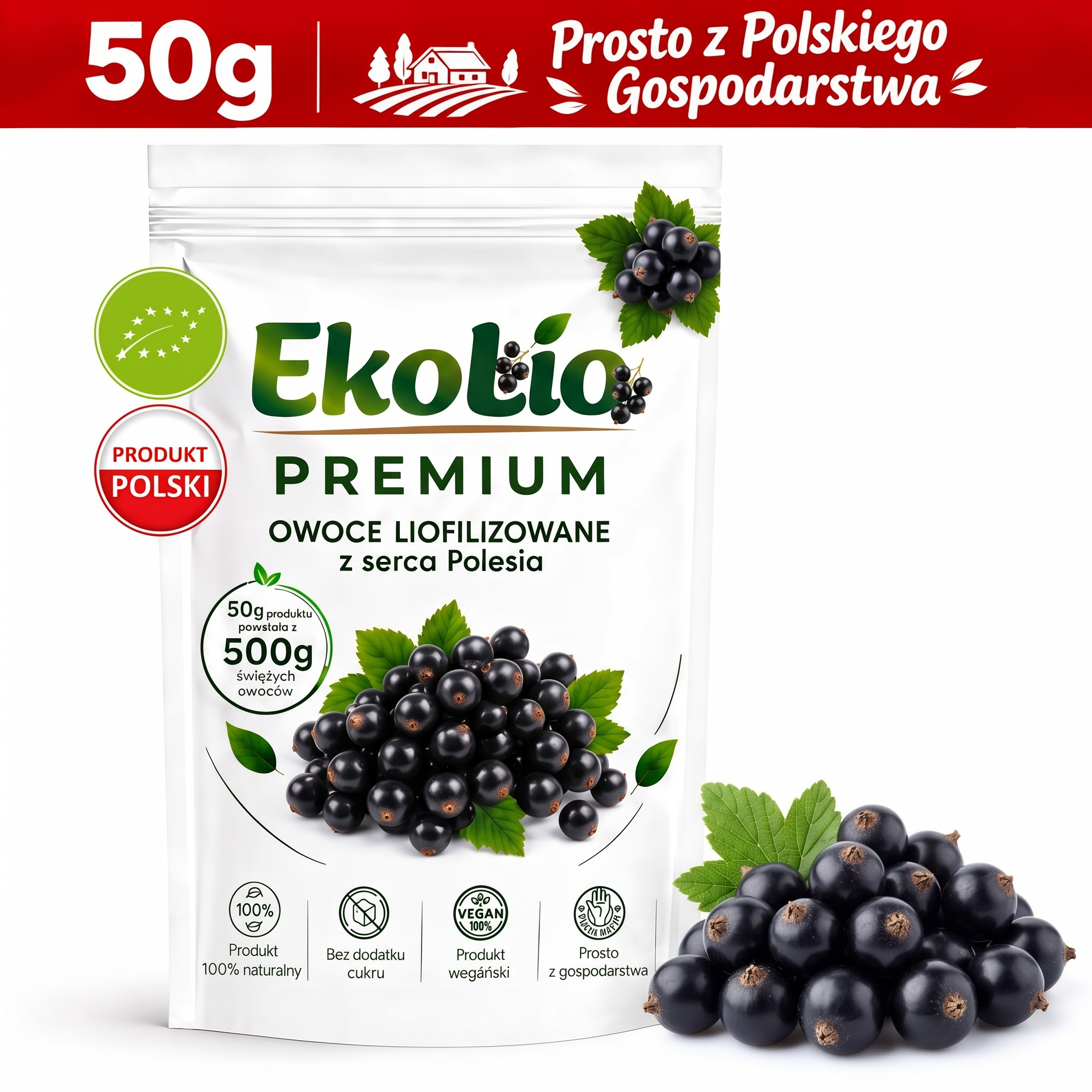 EkoLio Chrupiące Porzeczki Czarne Liofilizowane EKOLOGICZNE 100% Fit 50 g