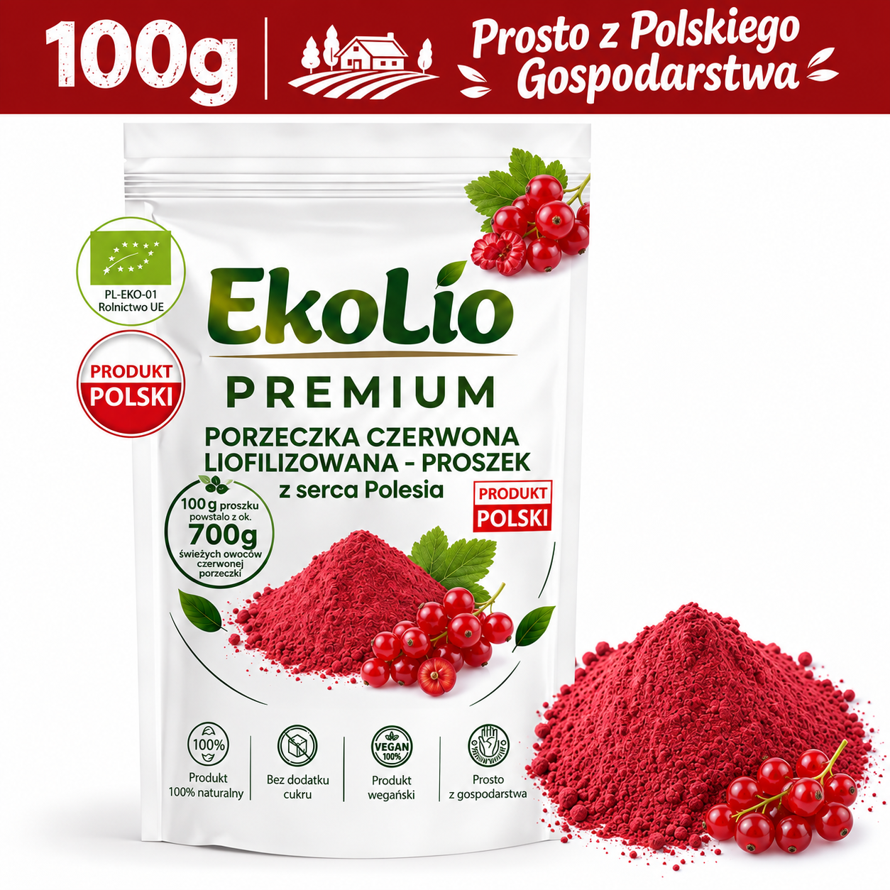 Ekolio Proszek z Czerwonej Porzeczki Liofilizowanej 100% EKOLOGICZNY 100 g