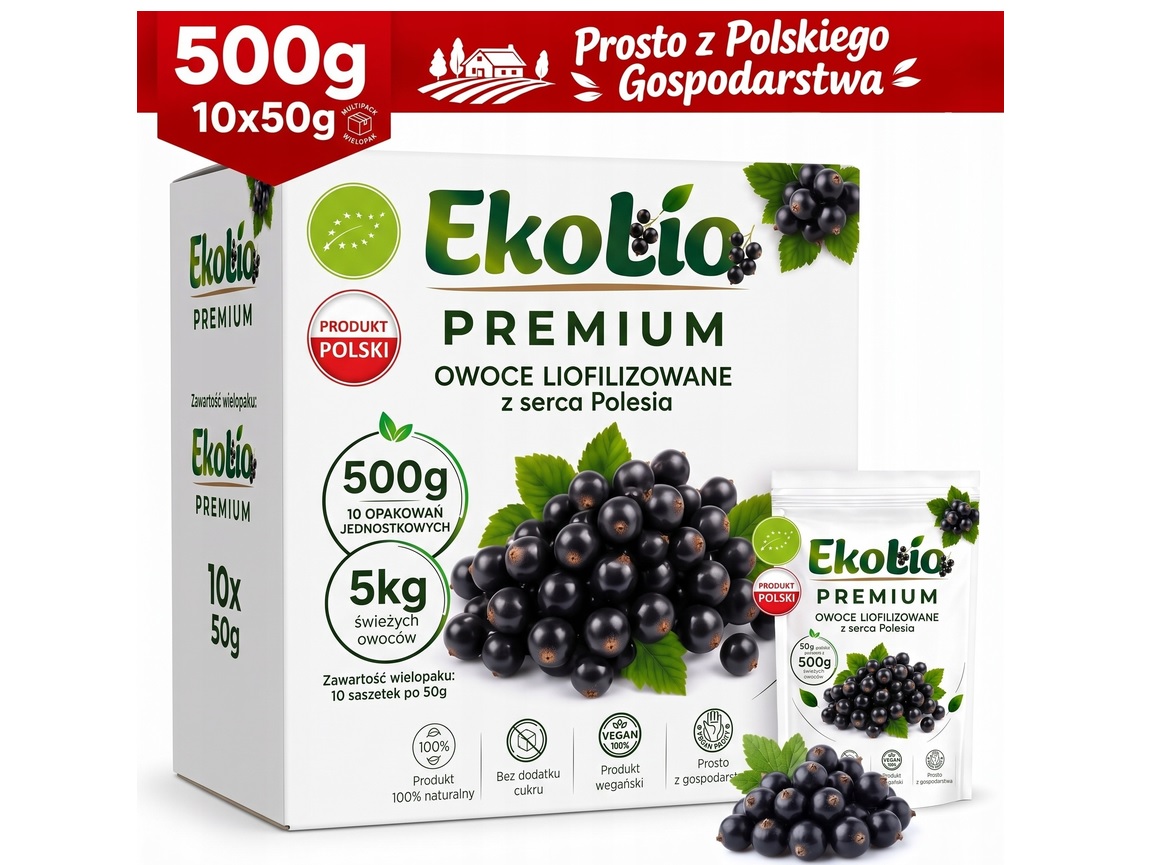EkoLio Chrupiące Porzeczki Czarne Liofilizowane EKOLOGICZNE 100% Fit 500 g